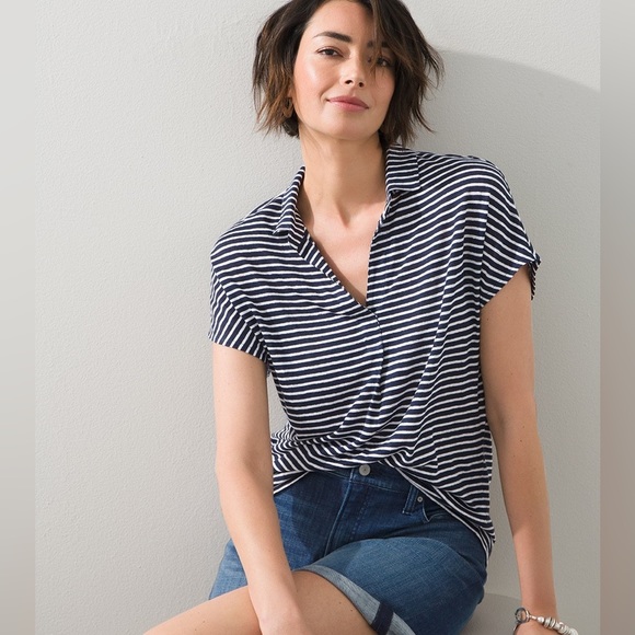 CHICO’S Linen striped Henley tee 🤍 - Picture 3 of 16